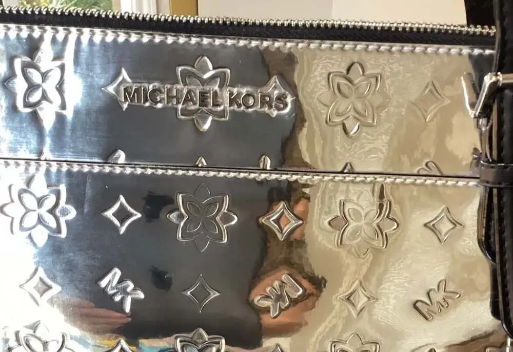 Michael Kors Ciara Zip Top Silver Mirror Embossed Tote with Matching Wristlet
